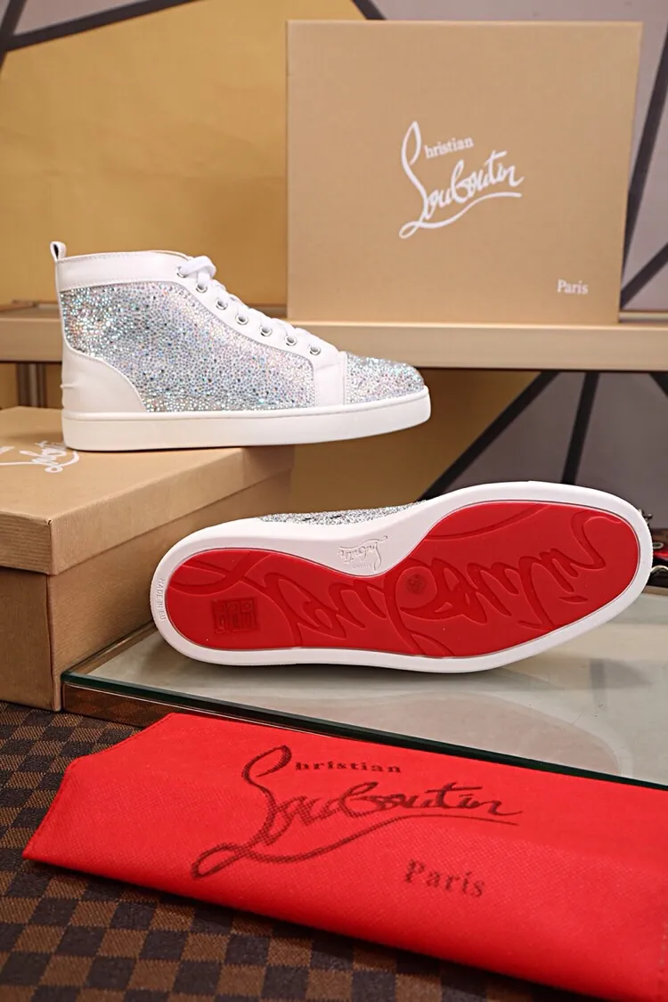 Ex-factory price 480. christian louboutin (CL red sole shoes) counter hot diamond series, high-top casual sneakers for couples 📢 📢 📢 Exclusive hot style release 🎈🎈💪 Movable latex feet 👻 Finished outsole sewing line [satisfied] 😝Female 35-40# Male 38#-46, global supply😝 [Top version]: original imported cowhide upper, top original leather lining, original molded TPU outsole, original 1:1 detail processing, original shoe last, large quantity available from stock,
